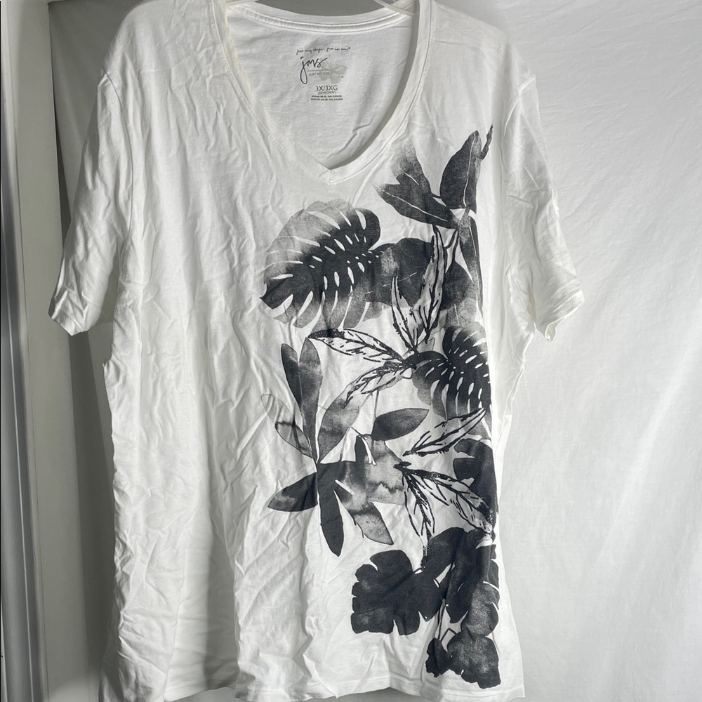 White V-Neck Tee with Black Botanical Print just my size 3X
